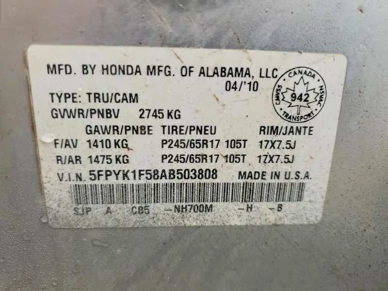 2010 HONDA RIDGELINE RTL  