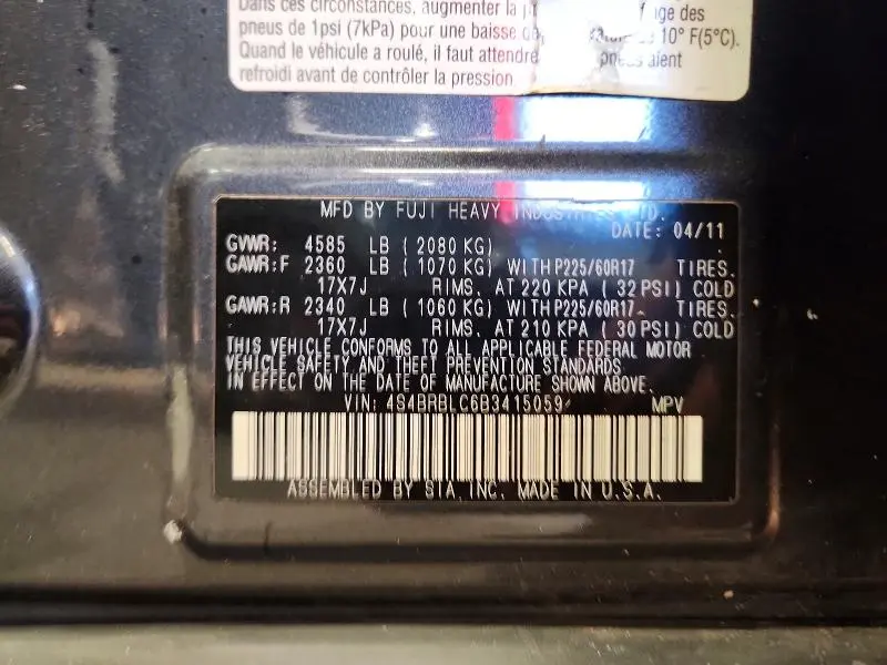 2011 SUBARU OUTBACK 2.5I LIMITED  