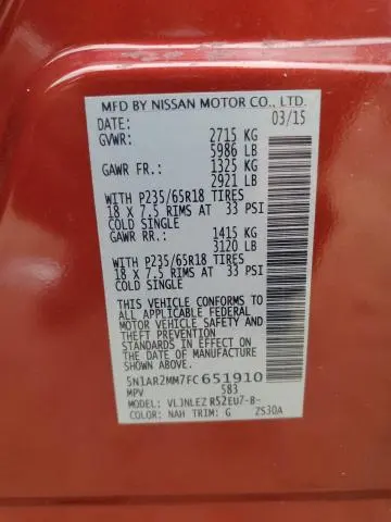 2015 NISSAN PATHFINDER S  