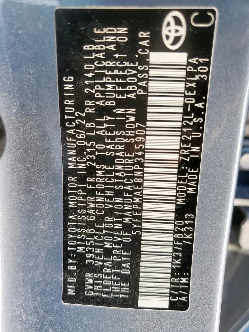 2022 TOYOTA COROLLA LE  