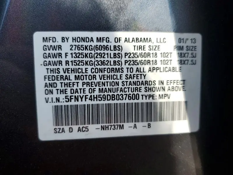 2013 HONDA PILOT EXL  