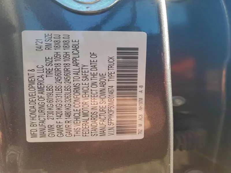 2021 HONDA RIDGELINE RTL  