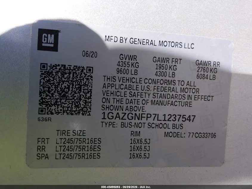 2020 CHEVROLET EXPRESS PASSENGER RWD 3500 EXTENDED WHEELBASE LS