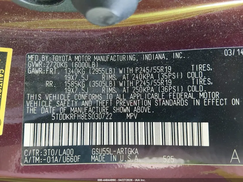 2014 TOYOTA HIGHLANDER LIMITED PLATINUM V6