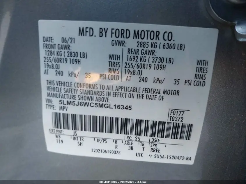 2021 LINCOLN AVIATOR STANDARD