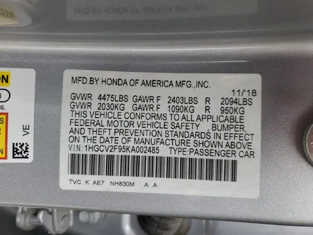 2019 HONDA ACCORD TOURING