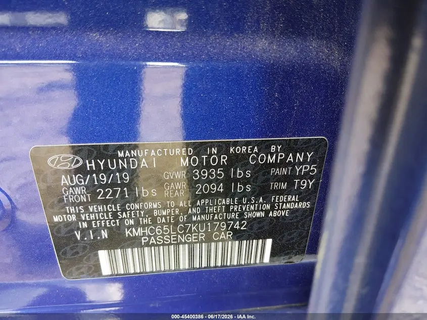 2019 HYUNDAI IONIQ HYBRID BLUE