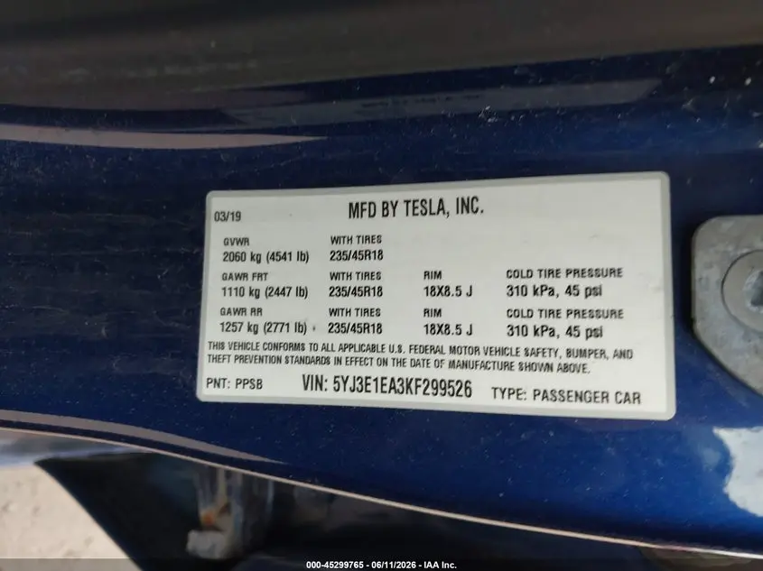 2019 TESLA MODEL 3 LONG RANGE/MID RANGE/STANDARD RANGE/STANDARD RANGE PLUS
