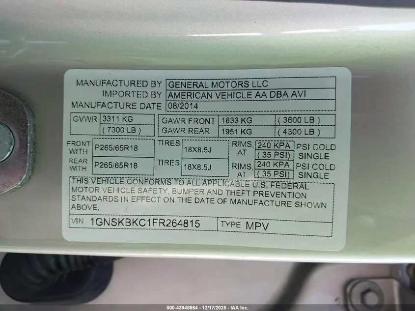 2015 CHEVROLET TAHOE LT