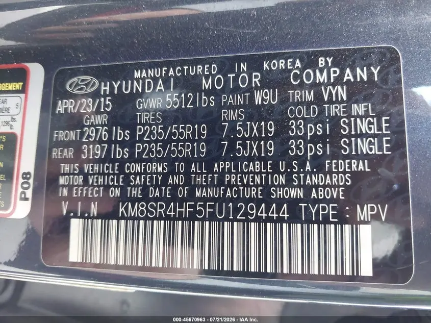 2015 HYUNDAI SANTA FE GLS