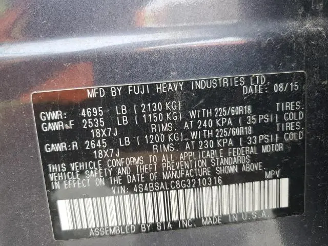 2016 SUBARU OUTBACK 2.5I LIMITED  