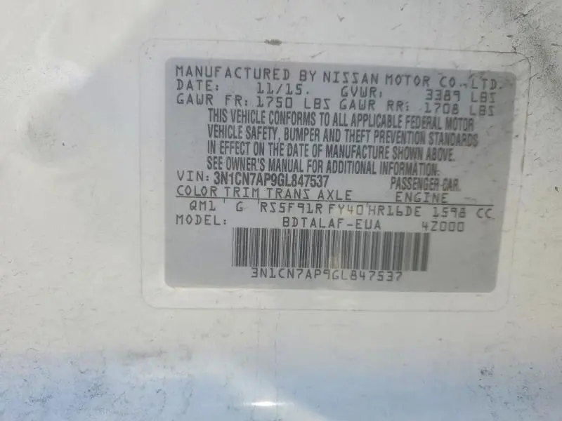 2016 NISSAN VERSA 1.6 S  