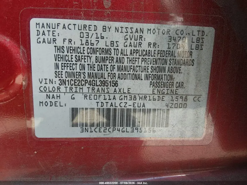 2016 NISSAN VERSA NOTE S PLUS