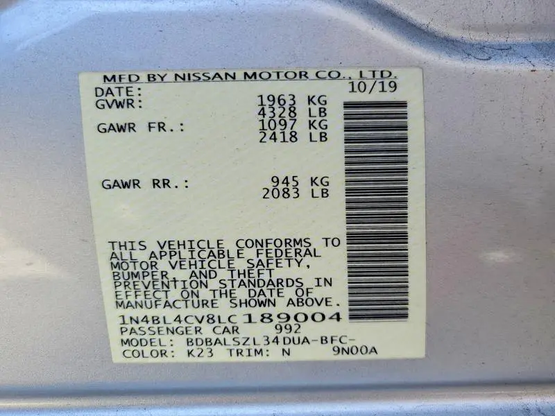 2020 NISSAN ALTIMA SR  