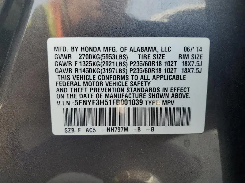 2015 HONDA PILOT EXL  