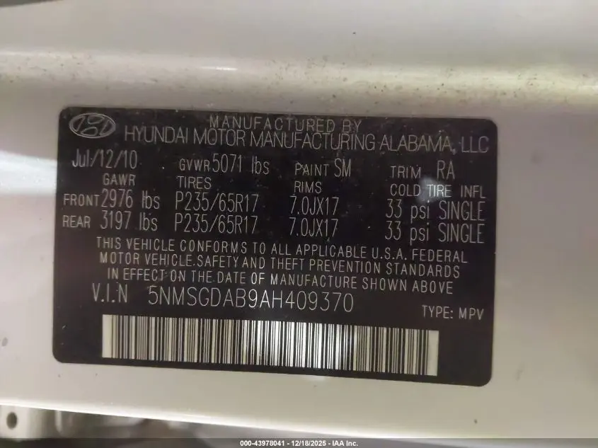 2010 HYUNDAI SANTA FE GLS