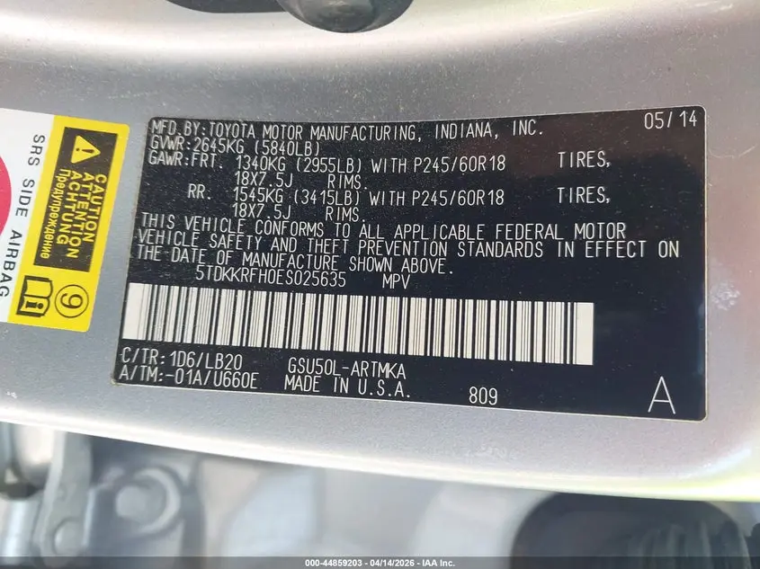 2014 TOYOTA HIGHLANDER XLE V6