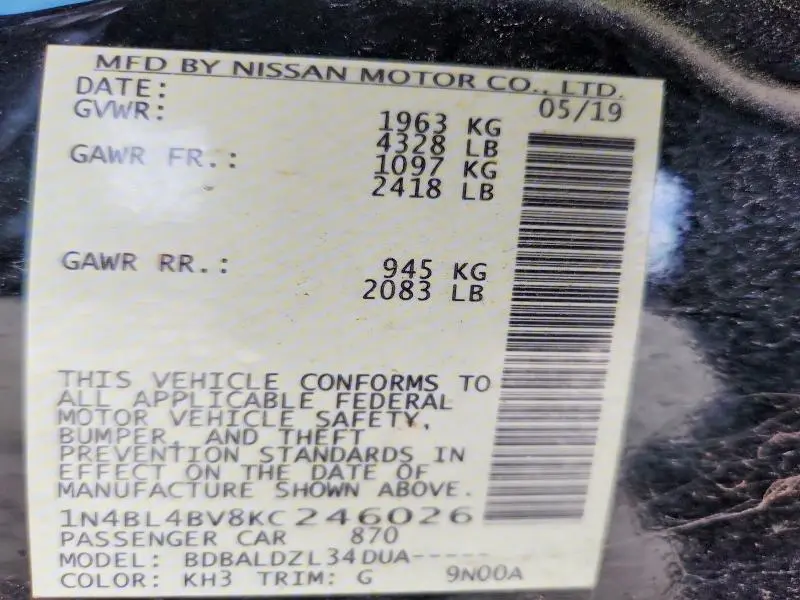 2019 NISSAN ALTIMA S  