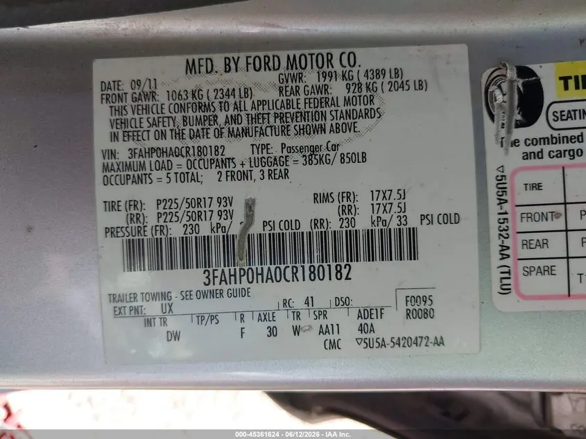 2012 FORD FUSION SE