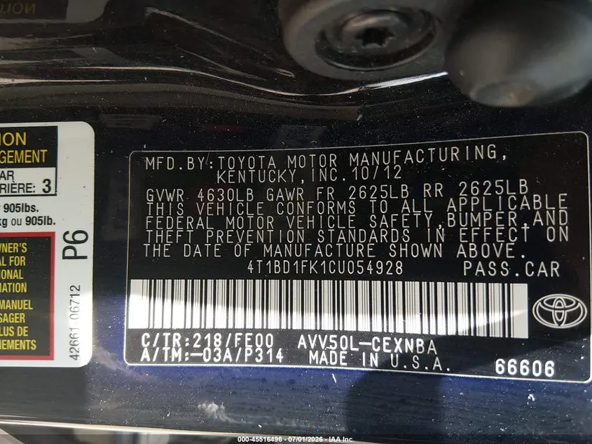 2012 TOYOTA CAMRY HYBRID LE