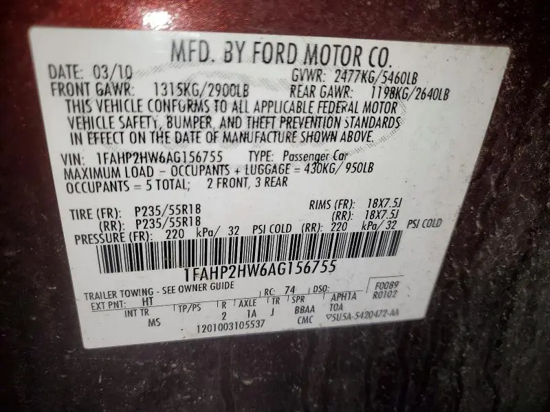 2010 FORD TAURUS SEL  