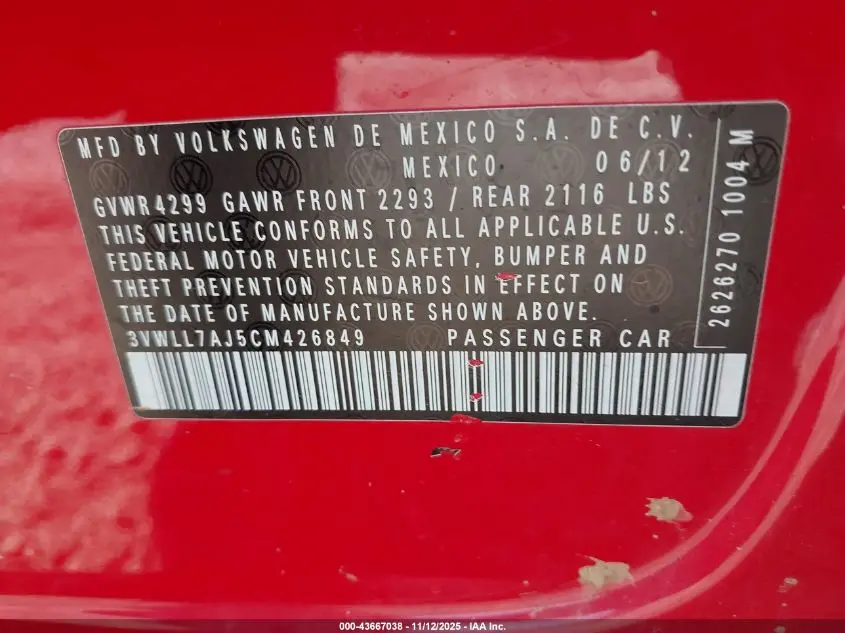 2012 VOLKSWAGEN JETTA 2.0L TDI