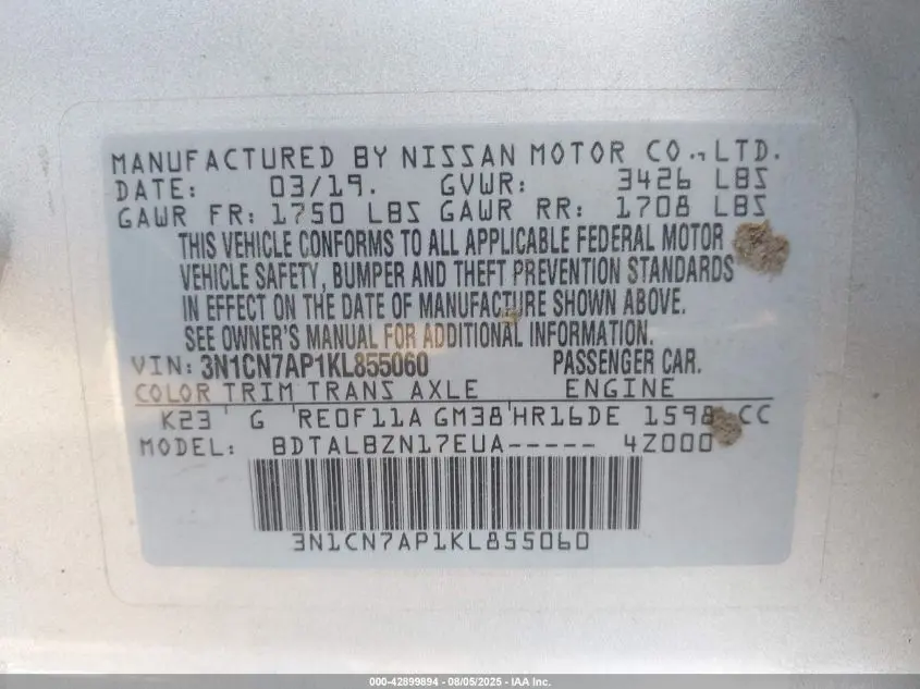 2019 NISSAN VERSA 1.6 SV