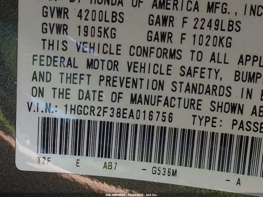 2014 HONDA ACCORD LX