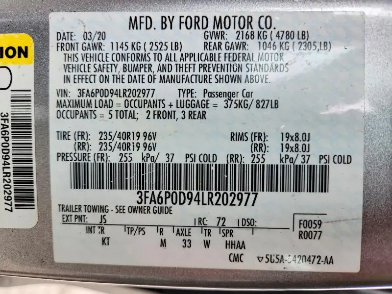 2020 FORD FUSION TITANIUM  