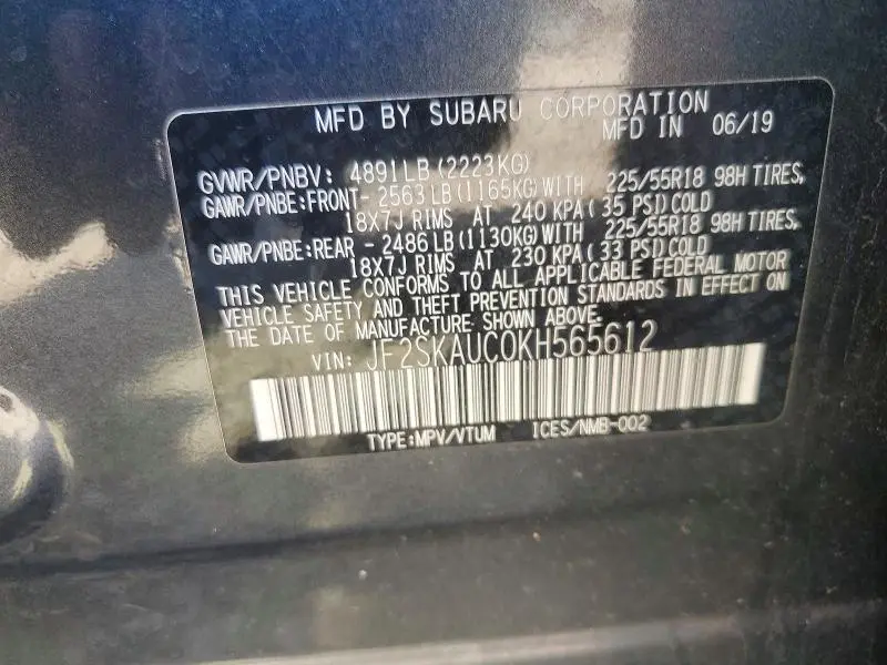 2019 SUBARU FORESTER LIMITED  