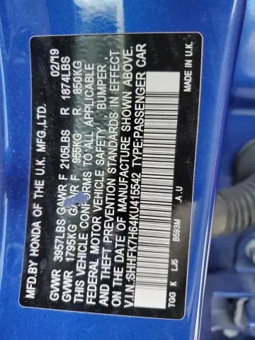 2019 HONDA CIVIC EX  