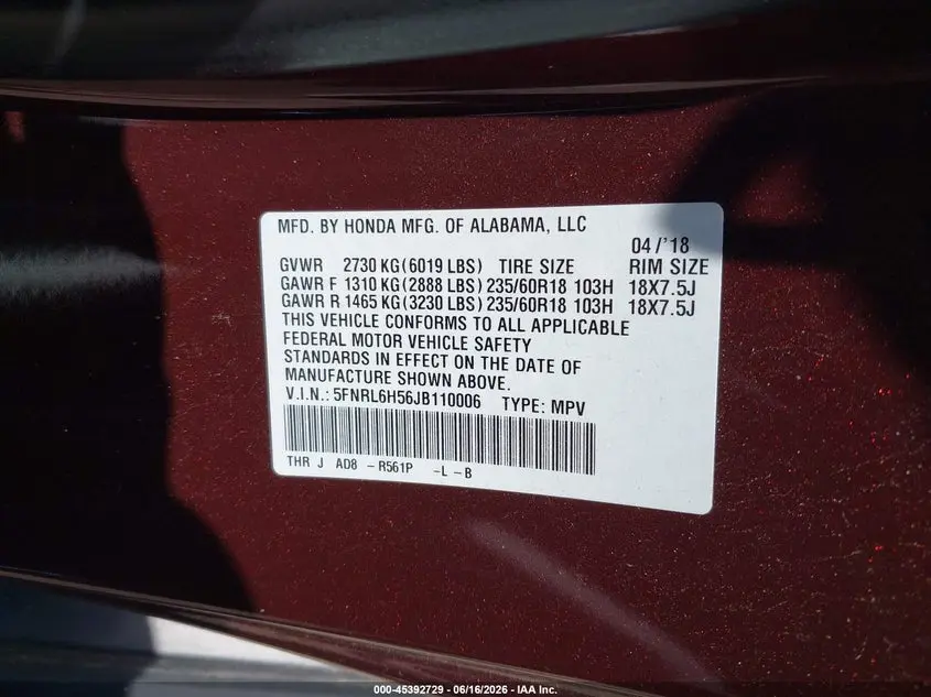 2018 HONDA ODYSSEY EX