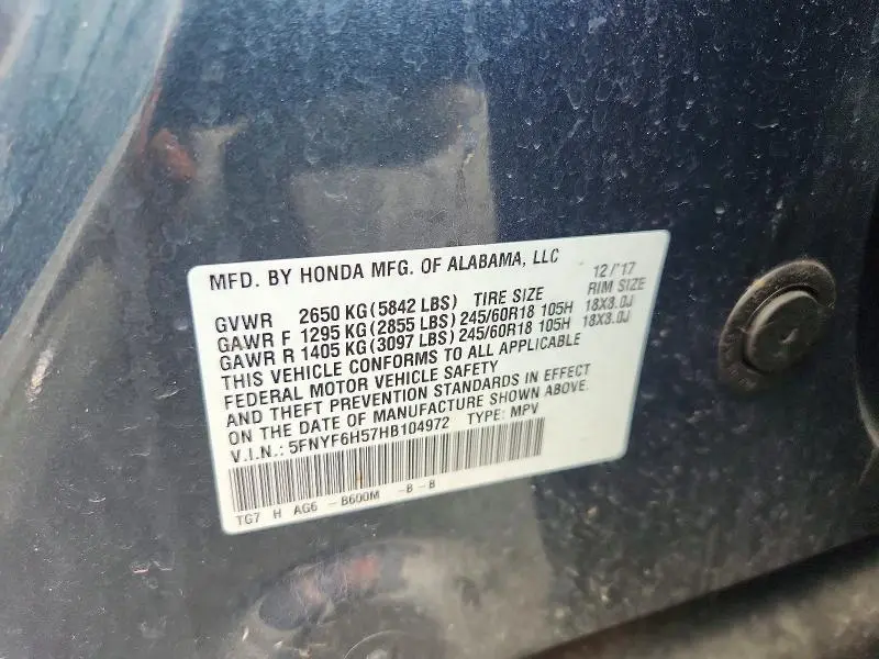 2017 HONDA PILOT EXL  
