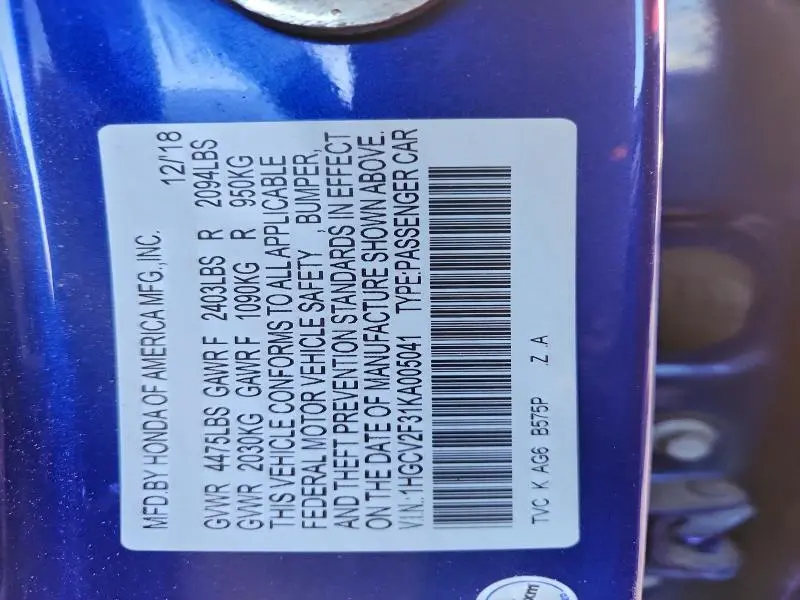 2019 HONDA ACCORD SPORT  