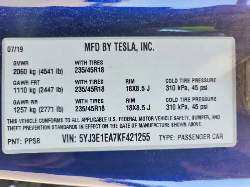 2019 TESLA MODEL 3   