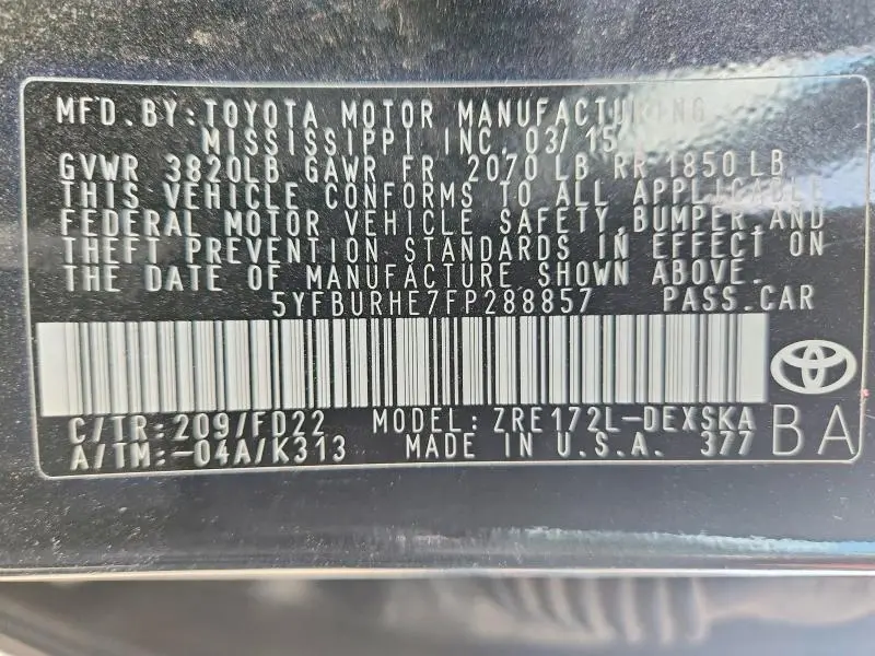 2015 TOYOTA COROLLA S  