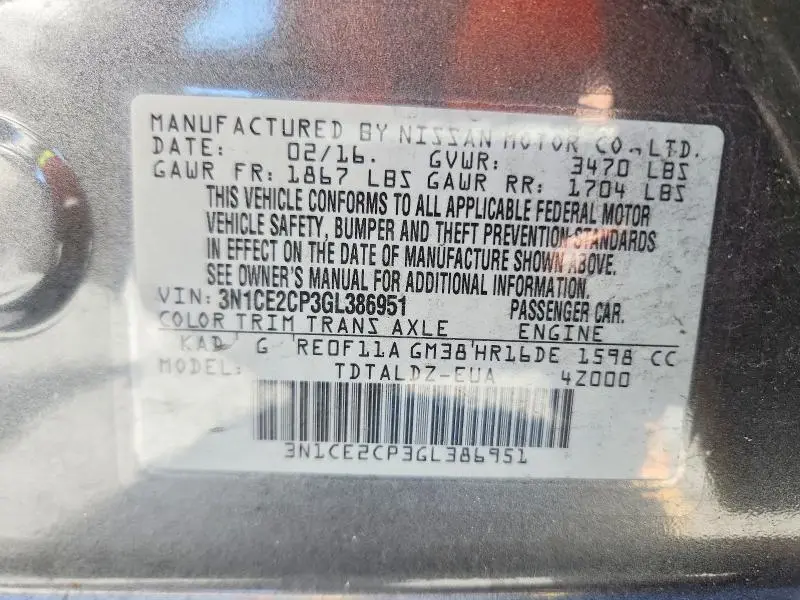 2016 NISSAN VERSA NOTE SV  