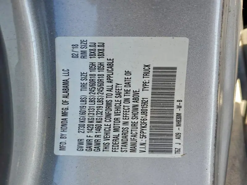 2018 HONDA RIDGELINE RTL  