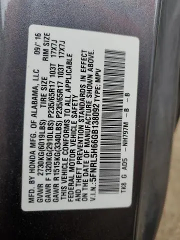 2016 HONDA ODYSSEY EXL  