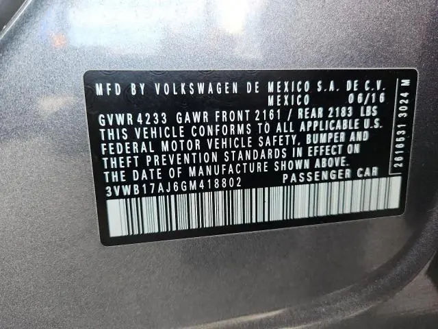 2016 VOLKSWAGEN JETTA SPORT  