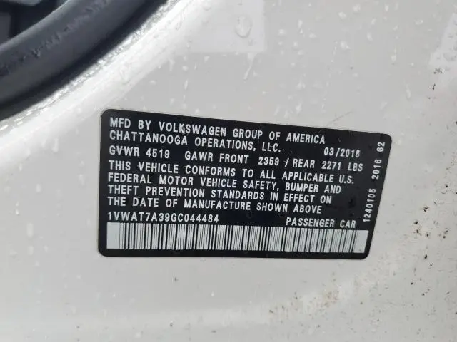 2016 VOLKSWAGEN PASSAT S