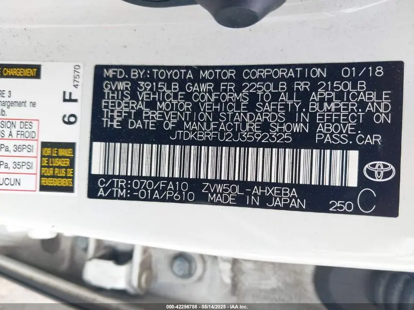2018 TOYOTA PRIUS ONE
