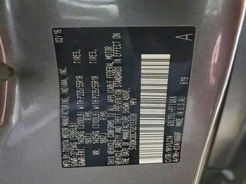 2016 TOYOTA SIENNA XLE  