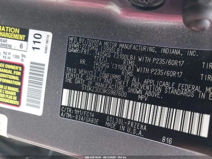 2019 TOYOTA SIENNA LE 8 PASSENGER