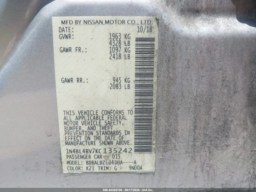2019 NISSAN ALTIMA 2.5 S