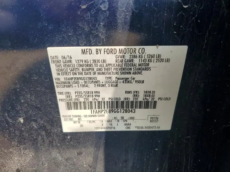 2016 FORD TAURUS SEL  