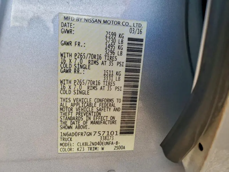 2016 NISSAN FRONTIER SV  