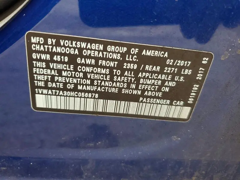 2017 VOLKSWAGEN PASSAT S  