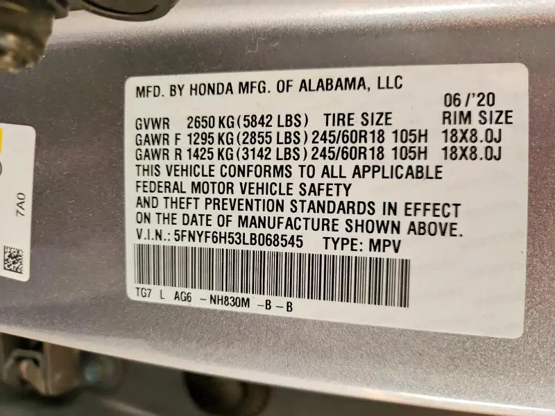 2020 HONDA PILOT EXL  