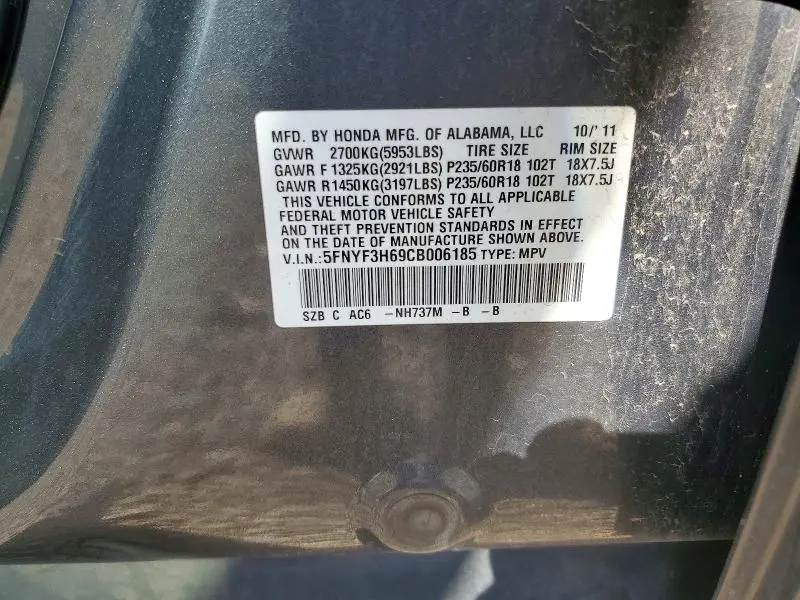 2012 HONDA PILOT EXL  